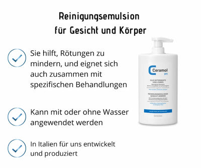 Ceramol 311 Reinigungsemulsion für Gesicht und Körper in weißer Pumpflasche, nicht schäumend, mit Produktvorteilen als Infografik.