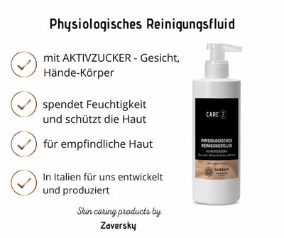 Care Z Physiologisches Reinigungsfluid mit Aktivzucker im weißen Pumpspender, für Gesicht, Hände und Körper, ohne Seife, von Zaversky.