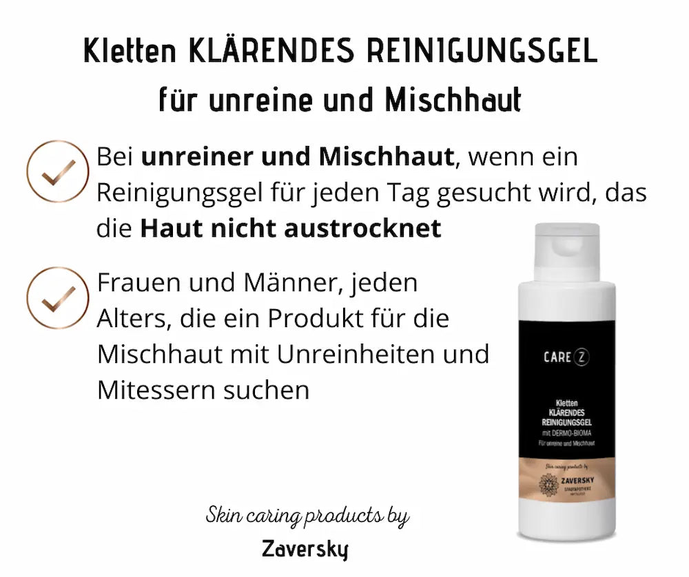 Infografik zum CARE Z Klärenden Reinigungsgel von Zaversky in weißer Flasche mit schwarzem Etikett für unreine und Mischhaut