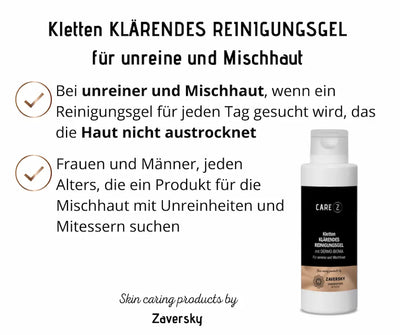 Infografik zum CARE Z Klärenden Reinigungsgel von Zaversky in weißer Flasche mit schwarzem Etikett für unreine und Mischhaut