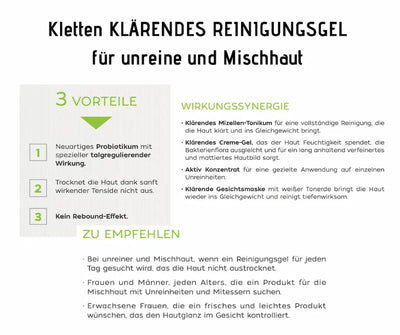 Infografik zum klärenden Reinigungsgel für unreine und Mischhaut mit 3 Vorteilen, Wirkungssynergie und Anwendungsempfehlungen