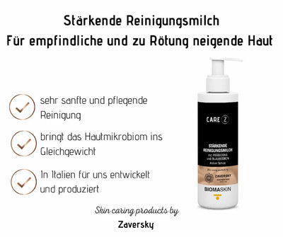 CARE Z Stärkende Reinigungsmilch von Zaversky in schwarz-weißer Pumpflasche, Infografik mit Vorteilen für empfindliche, zu Rötung neigende Haut