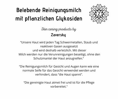 Infografik zur belebenden CARE Z Reinigungsmilch mit pflanzlichen Glykosiden, mit Zaversky-Logo und Zitaten zur schonenden Hautreinigung.