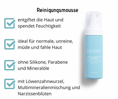 Dolomia Reinigungsmousse in hellblauer Pumpflasche, Infografik mit Hinweisen zu Feuchtigkeit, Detox-Wirkung und Inhaltsstoffen