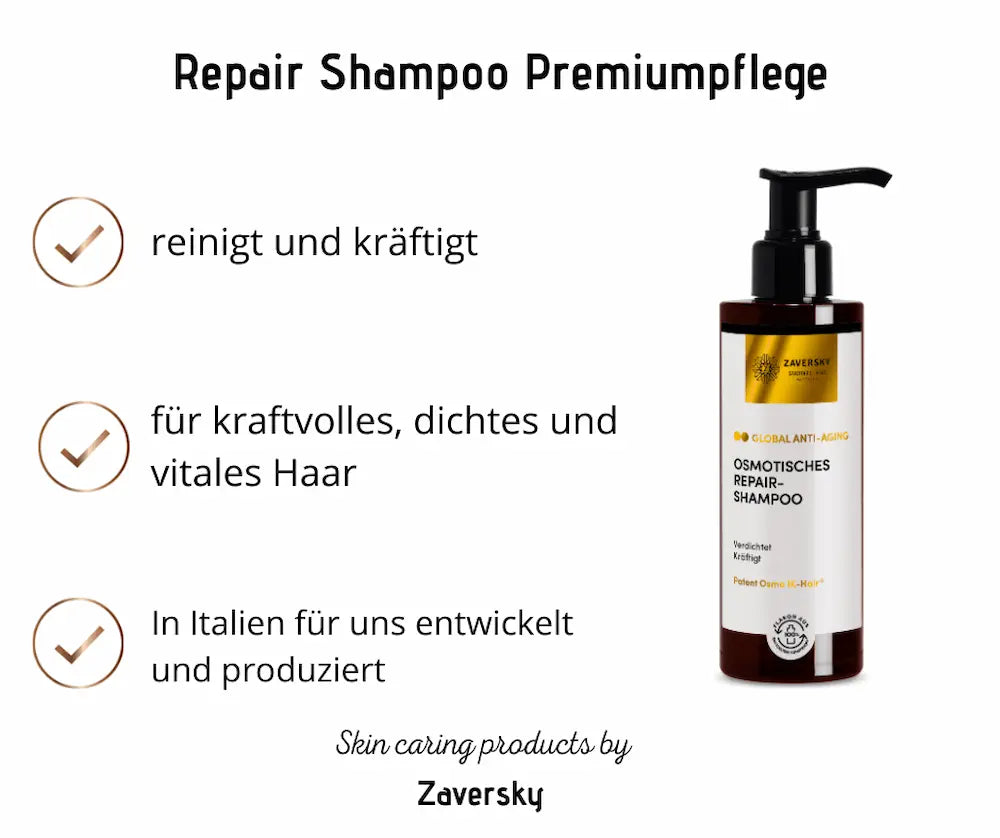 Infografik zum Repair Shampoo Premiumpflege von Zaversky mit drei Merkmalen und brauner Pumpflasche mit goldenem Etikett.