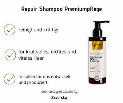 Infografik zum Repair Shampoo Premiumpflege von Zaversky mit drei Merkmalen und brauner Pumpflasche mit goldenem Etikett.