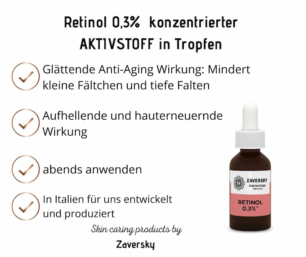 Infografik zu Retinol 0,3% Aktivstoff-Tropfen von Zaversky mit Braunglas-Pipettenflasche und vier Benefit-Punkten zu Anti-Aging-Wirkung und Anwendung.