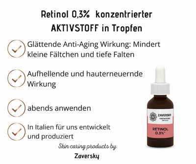 Infografik zu Retinol 0,3% Aktivstoff-Tropfen von Zaversky mit Braunglas-Pipettenflasche und vier Benefit-Punkten zu Anti-Aging-Wirkung und Anwendung.