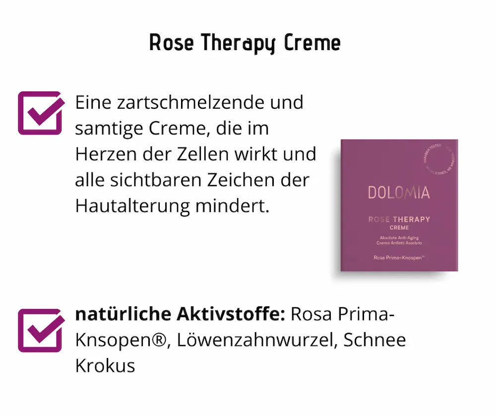 Dolomia Rose Therapy Creme Absolute Anti-Aging in lila Verpackung mit natürlichen Aktivstoffen Rosa Prima-Knospen, Löwenzahnwurzel und Schnee Krokus.