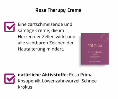 Dolomia Rose Therapy Creme Absolute Anti-Aging in lila Verpackung mit natürlichen Aktivstoffen Rosa Prima-Knospen, Löwenzahnwurzel und Schnee Krokus.