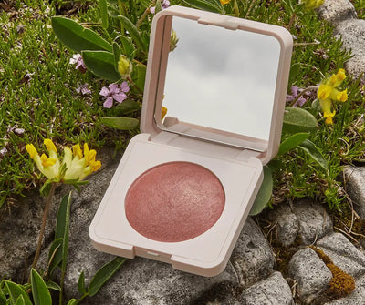 Geöffnete Rouge-Dose mit rosa schimmerndem Puder und Spiegel im Deckel, dekorativ auf Stein zwischen Wildblumen und Gräsern.