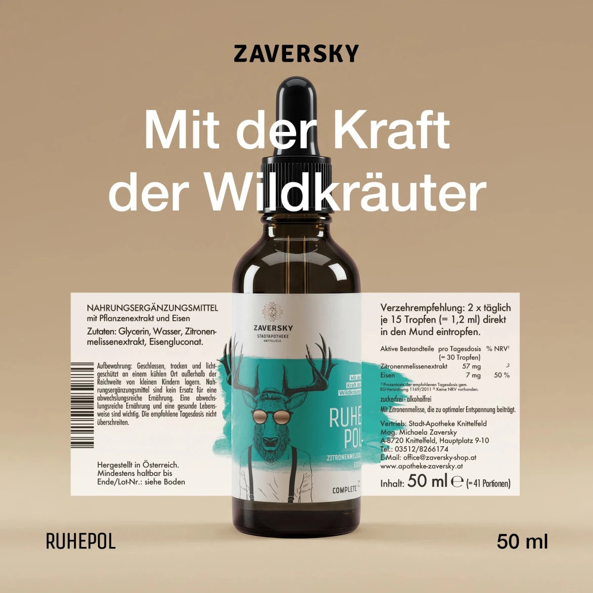 Zaversky Ruhepol Tropfen in brauner Pipettenflasche mit Hirsch-Etikett, Zitronenmelisse und Eisen, 50 ml