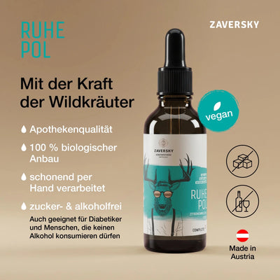Ruhe Pol Tropfenflasche aus Braunglas mit Hirsch-Etikett, Infografik zu Apothekenqualität, biologischem Anbau, vegan, zucker- und alkoholfrei, Made in Austria