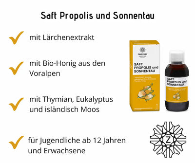 Saft Propolis und Sonnentau von Zaversky mit Lärchenextrakt, Bio-Honig, Thymian, Eukalyptus und isländisch Moos, Flasche und Verpackung