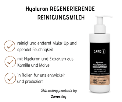 Sanfte regenerierende Reinigungsmilch mit Hyaluron - Entfernt Make - Up und spendet Feuchtigkeit - Kosmetika - Apotheke Zaversky