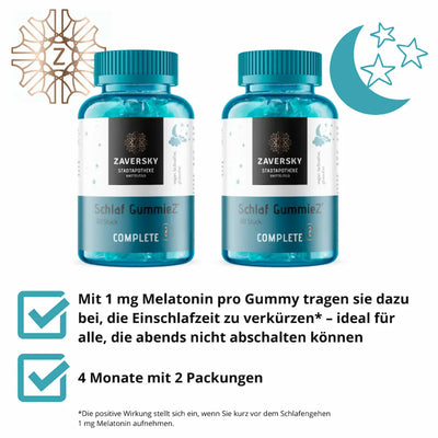 Zwei blaue Dosen Schlaf GummieZ Complete von Zaversky Stadtapotheke Knittelfeld, je 60 Stück, mit 1 mg Melatonin pro Gummy
