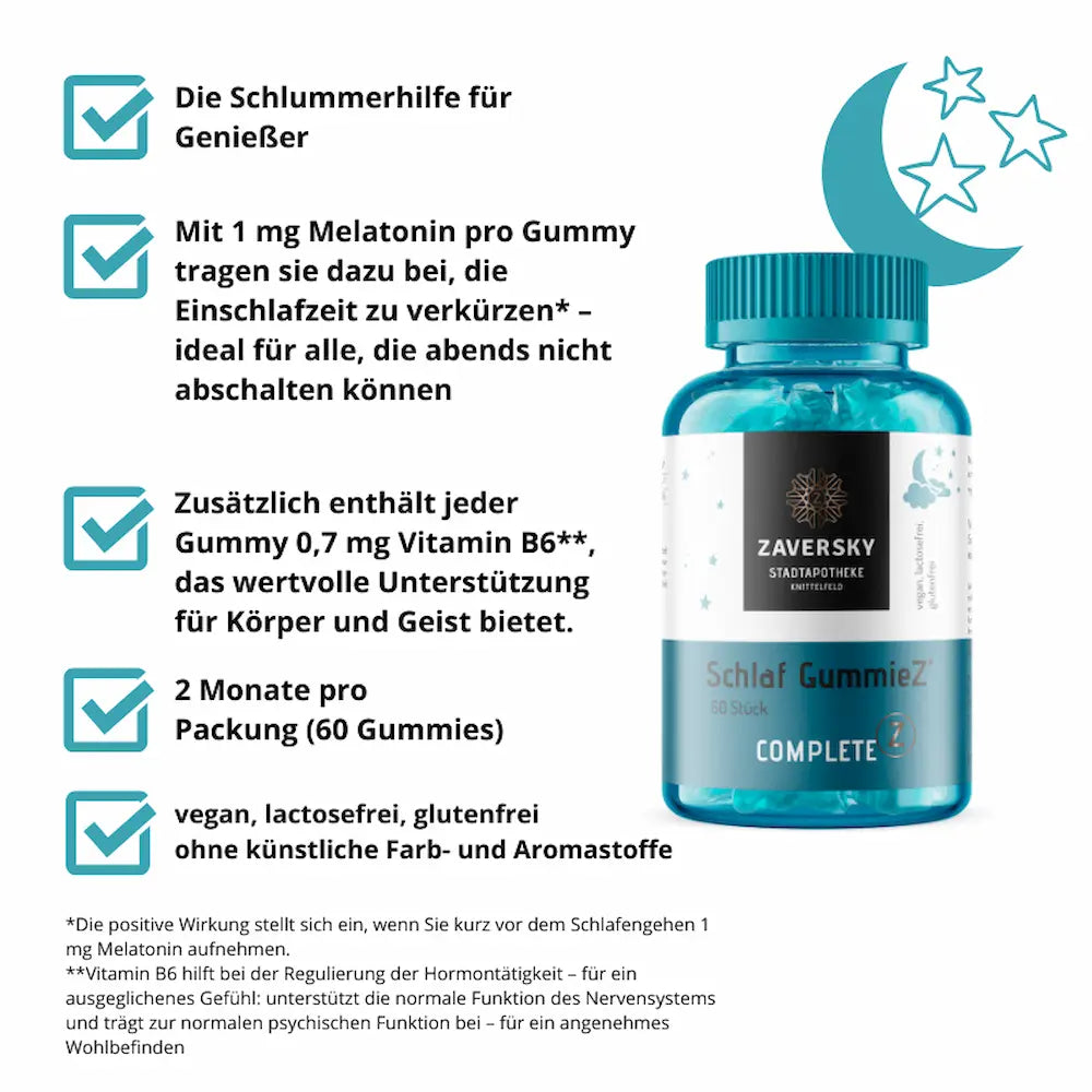 Schlaf GummieZ Complete Dose in Türkis mit 60 Stück, Zaversky Stadtapotheke, vegan, lactosefrei, glutenfrei, mit Produktmerkmalen