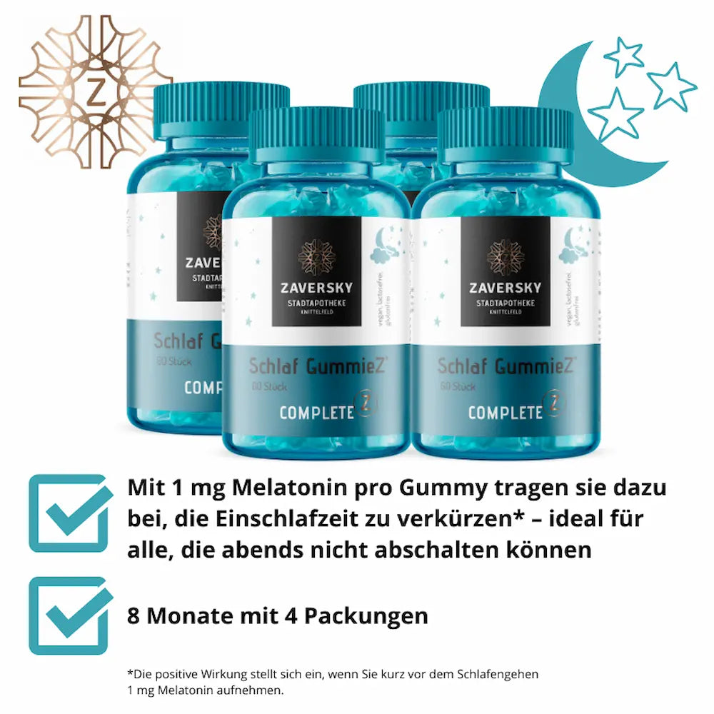 Drei Dosen Schlaf GummieZ Complete mit je 60 Stück, Zaversky Stadtapotheke Knittelfeld, mit Hinweis 1 mg Melatonin und 8 Monate Vorrat