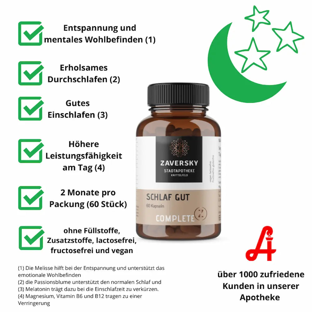 Zaversky Schlaf Gut Complete Kapseln im braunen Glas mit 60 Kapseln, Infografik mit Vorteilen für Entspannung und Schlaf