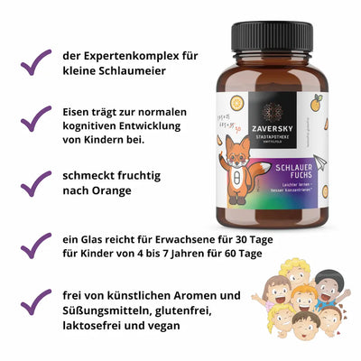 Schlauer Fuchs Pulver von Zaversky Stadtapotheke im braunen Glas mit Fuchs-Motiv, Orangengeschmack, lactosefrei, glutenfrei, vegan