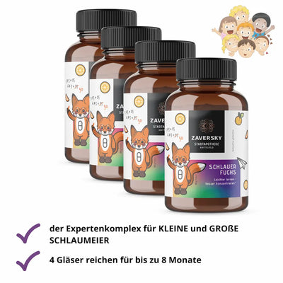 Vier Braunglasflaschen Zaversky Schlauer Fuchs Pulver mit Fuchs-Motiv, laktosefrei und glutenfrei, reichen für bis zu 8 Monate.
