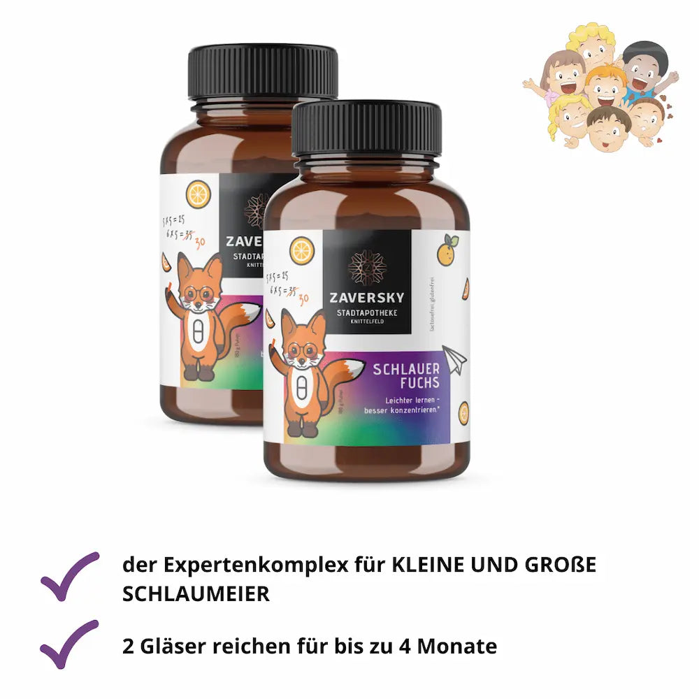 Zaversky Schlauer Fuchs Pulver, zwei braune Glasdosen mit Fuchs-Etikett, lactosefrei und glutenfrei, für Kinder und Erwachsene