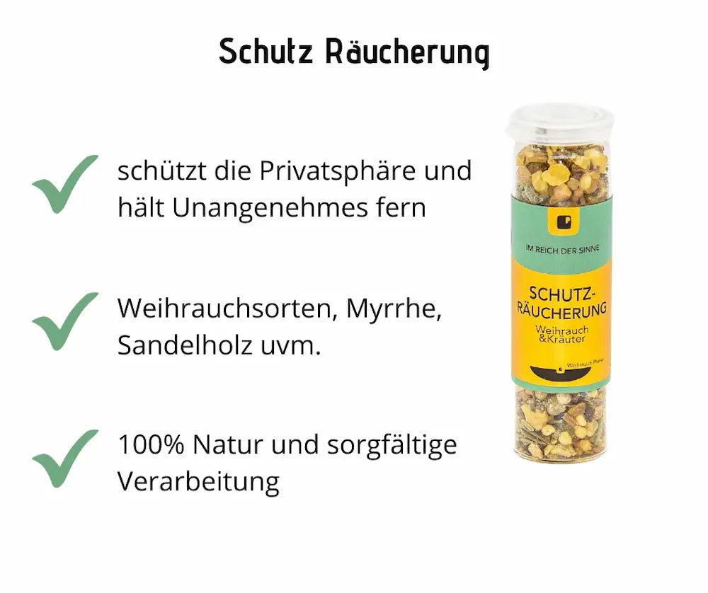 Glasröhrchen Schutz-Räucherung mit Weihrauch und Kräutern, Infografik mit drei Vorteilen: schützt die Privatsphäre, enthält Myrrhe und Sandelholz, 100% Natur