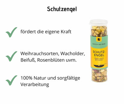 Schutzengel Weihrauch und Kräuter im Glasbehälter mit grün-gelbem Etikett, Infografik mit Hinweisen fördert die eigene Kraft, Weihrauchsorten, Wacholder, Beifuß, Rosenblüten und 100% Natur