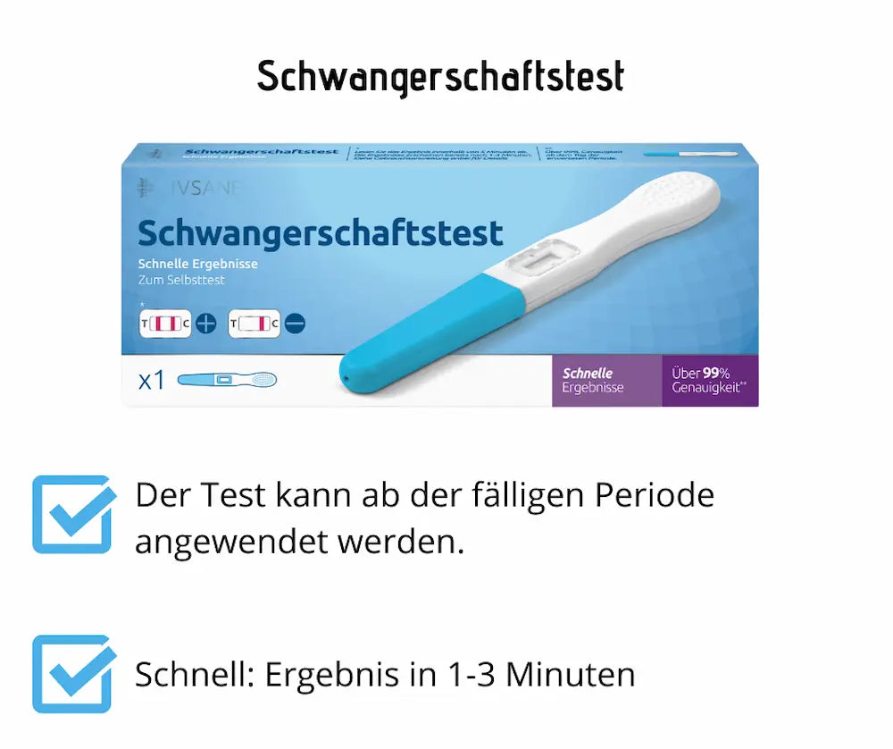 Schwangerschaftstest von IVSANE in blauer Verpackung mit Teststäbchen, schnelle Ergebnisse in 1-3 Minuten, über 99% Genauigkeit