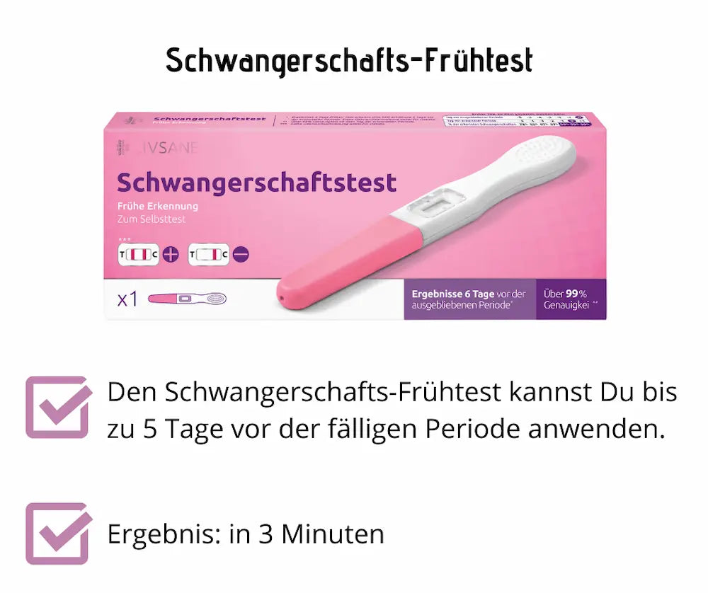 Livsane Schwangerschafts-Frühtest in pinker Verpackung mit Teststab, Ergebnis in 3 Minuten, bis zu 5 Tage vor der Periode anwendbar.