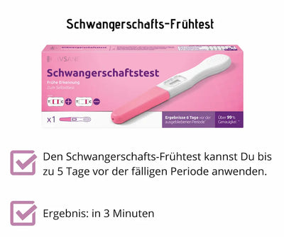 Livsane Schwangerschafts-Frühtest in pinker Verpackung mit Teststab, Ergebnis in 3 Minuten, bis zu 5 Tage vor der Periode anwendbar.