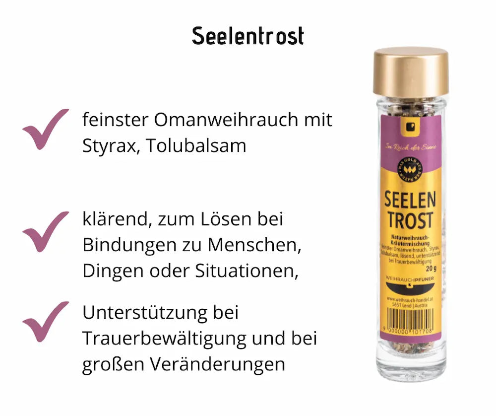 Infografik zu Seelentrost Naturweihrauch-Kräutermischung in Glasflasche mit Goldkappe und violett-goldenem Etikett, 20 g, mit Hinweisen zu Omanweihrauch, Styrax und Trauerbewältigung