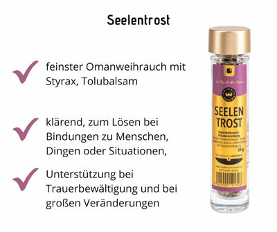 Infografik zu Seelentrost Naturweihrauch-Kräutermischung in Glasflasche mit Goldkappe und violett-goldenem Etikett, 20 g, mit Hinweisen zu Omanweihrauch, Styrax und Trauerbewältigung