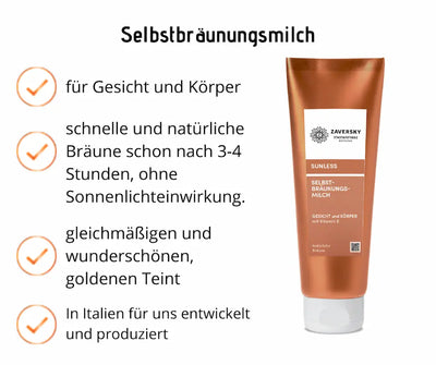 Selbstbräunungsmilch Zaversky Sunless in kupferfarbener Tube mit Vitamin E, für Gesicht und Körper, natürliche Bräune nach 3-4 Stunden