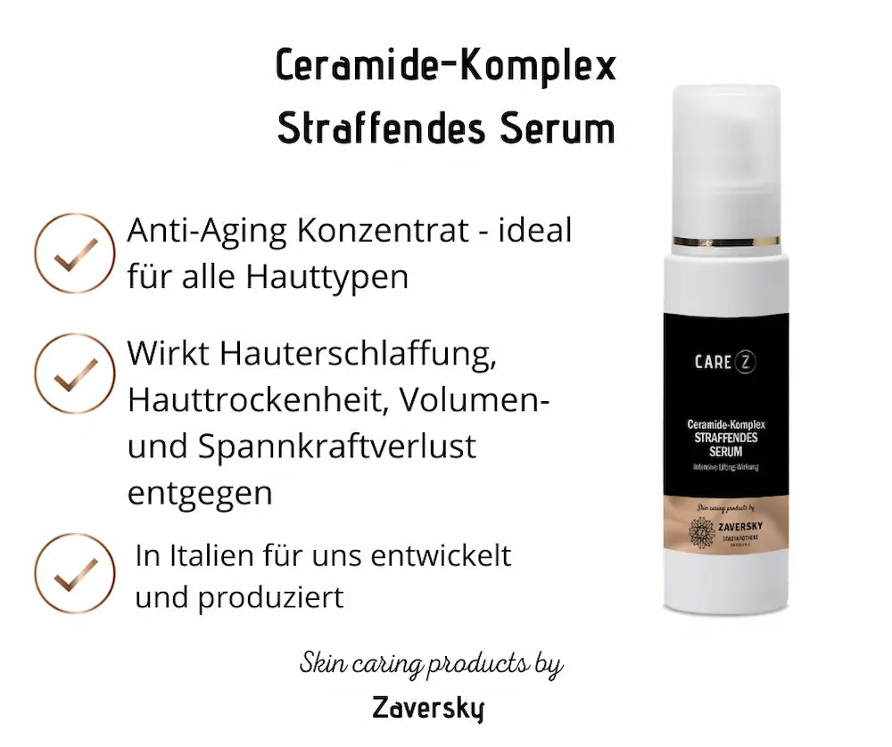 Care Z Ceramide-Komplex Straffendes Serum in weißer Pumpflasche mit schwarzem Etikett, Infografik mit Anti-Aging-Vorteilen