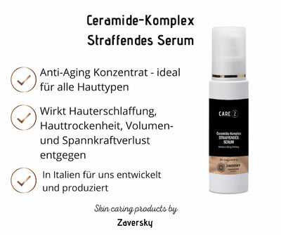 Care Z Ceramide-Komplex Straffendes Serum in weißer Pumpflasche mit schwarzem Etikett, Infografik mit Anti-Aging-Vorteilen