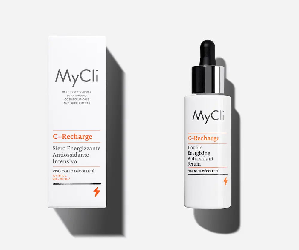 MyCli C-Recharge Double Energizing Antioxidant Serum, weiße Pipettenflasche mit schwarzer Pipette neben weißer Faltschachtel