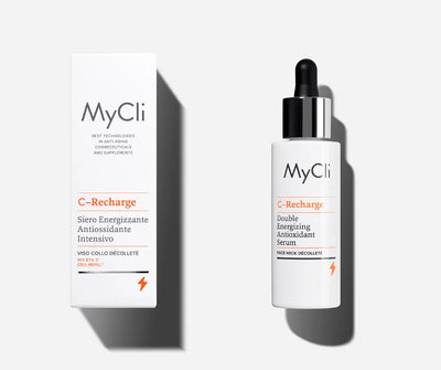 MyCli C-Recharge Double Energizing Antioxidant Serum, weiße Pipettenflasche mit schwarzer Pipette neben weißer Faltschachtel
