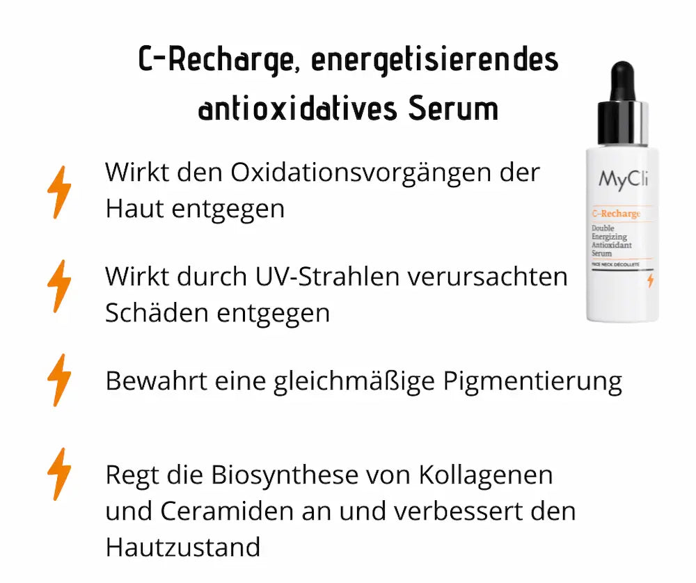 MyCli C-Recharge Double Energizing Antioxidant Serum in weißer Pipettenflasche mit Infografik zu vier Wirkungsmerkmalen