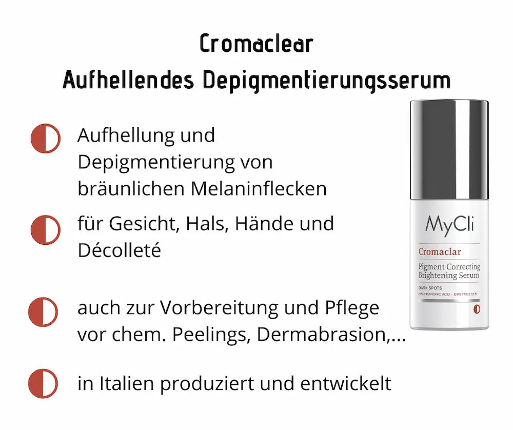 MyCli Cromaclar Pigment Correcting Brightening Serum in weißer Pumpflasche mit Produktmerkmalen für Gesicht, Hals und Décolleté