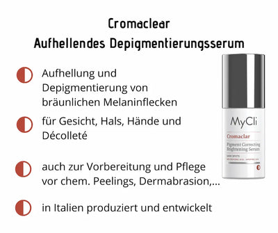 MyCli Cromaclar Pigment Correcting Brightening Serum in weißer Pumpflasche mit Produktmerkmalen für Gesicht, Hals und Décolleté