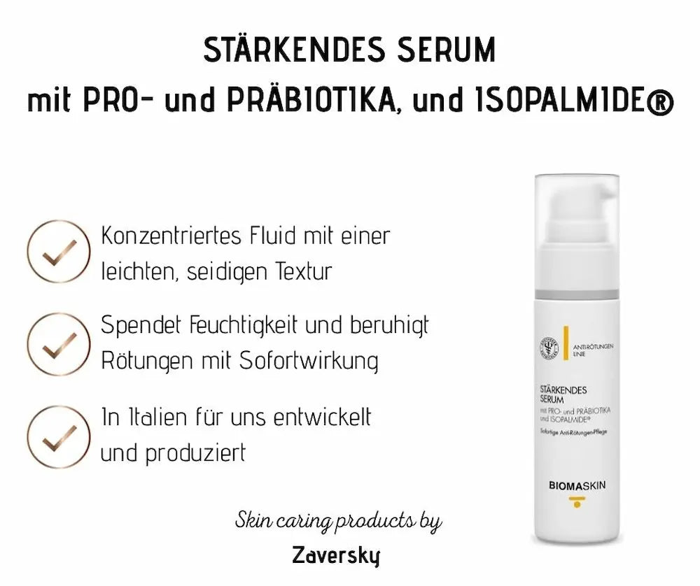 Stärkendes Serum von Biomaskin in weißer Pumpflasche mit Pro- und Präbiotika und Isopalmide, Anti-Rötungen-Linie von Zaversky