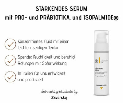Stärkendes Serum von Biomaskin in weißer Pumpflasche mit Pro- und Präbiotika und Isopalmide, Anti-Rötungen-Linie von Zaversky