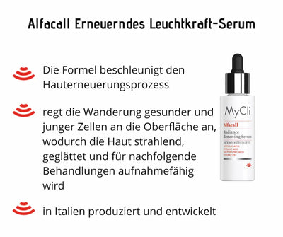 MyCli Alfacall Radiance Renewing Serum in weißer Tropfflasche für Gesicht, Hals und Dekolleté mit Merkmalen im Überblick