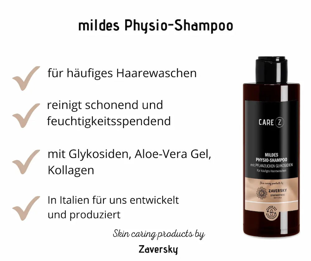 Care Z mildes Physio-Shampoo in brauner Flasche mit schwarzem Etikett, Infografik mit Merkmalen für häufiges Haarewaschen, Zaversky