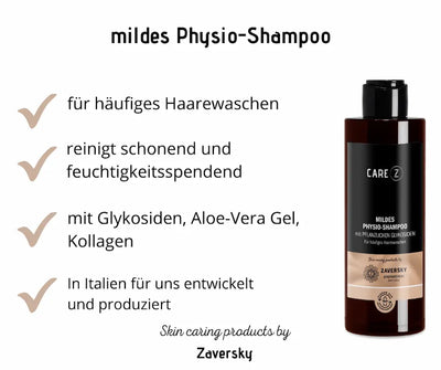 Care Z mildes Physio-Shampoo in brauner Flasche mit schwarzem Etikett, Infografik mit Merkmalen für häufiges Haarewaschen, Zaversky