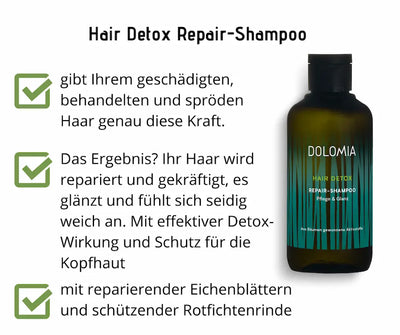 Dolomia Hair Detox Repair-Shampoo Pflege & Glanz in dunkelgrüner Flasche mit Auflistung der Produktvorteile