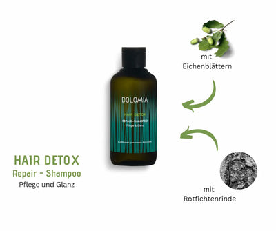 Dolomia Hair Detox Repair-Shampoo für Pflege und Glanz in grüner Flasche mit Eichenblättern und Rotfichtenrinde als Inhaltsstoffe