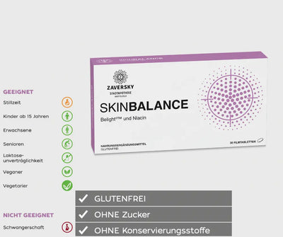 SKINBALANCE Filmtabletten mit Belight³™ und Niacin von Zaversky Stadtapotheke, lila-weiße Verpackung mit 30 Stück, glutenfrei, ohne Zucker, ohne Konservierungsstoffe