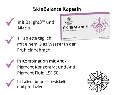 SkinBalance Kapseln von Zaversky mit Belight3™ und Niacin, 30 Filmtabletten, glutenfrei, Merkmale und Einnahmehinweise im Überblick